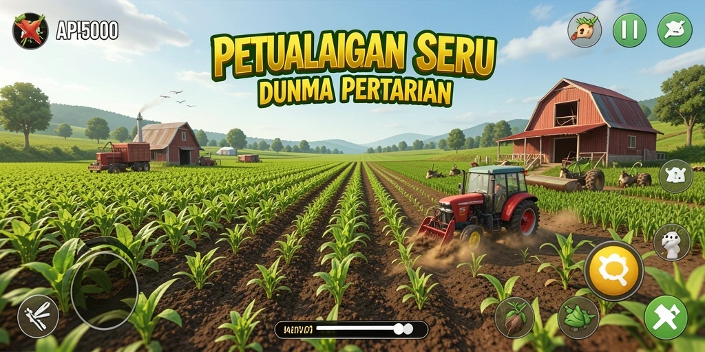 Screenshot gameplay API5000 yang menunjukkan ladang penuh tanaman.