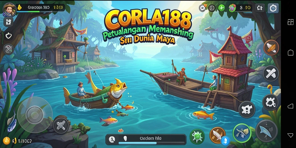 Tampilan gameplay CORLA188 yang menampilkan keindahan alam dan aktivitas memancing.