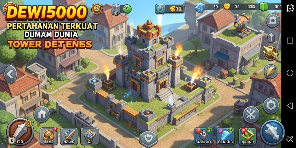 Screenshot gameplay DEWI5000 yang menampilkan pertahanan menara yang epik.