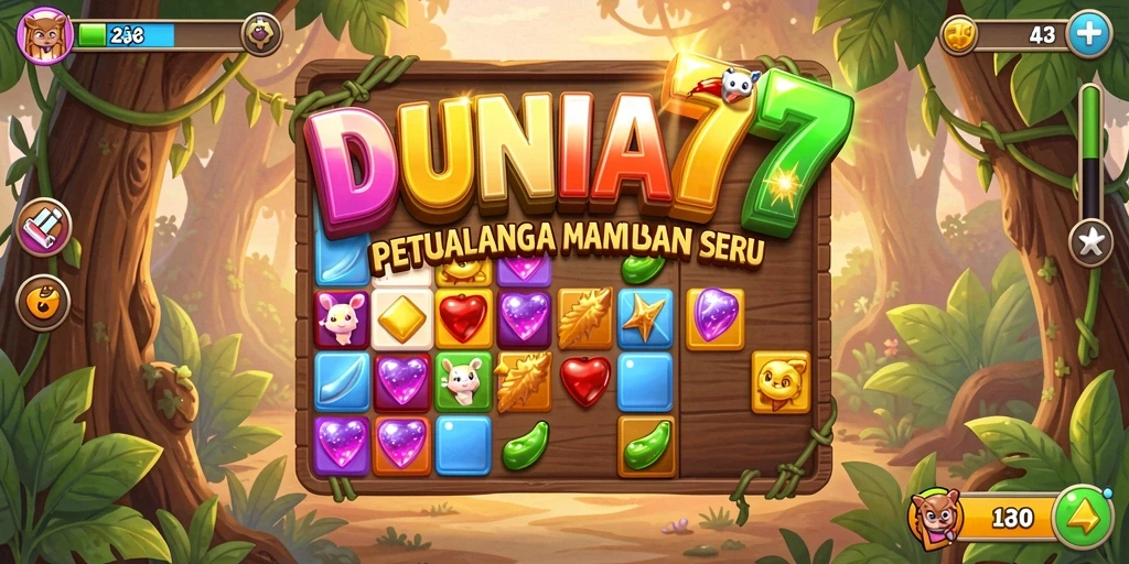 Tampilan gameplay <strong>DUNIA77</strong> yang menarik dengan warna-warni permata Match-3.