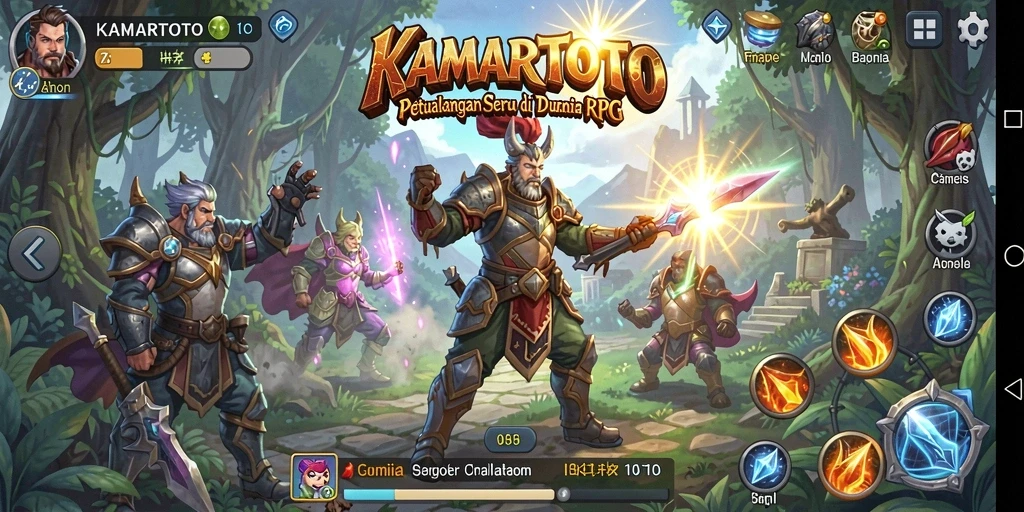 Tampilan gameplay KAMARTOTO dengan karakter dalam pertarungan RPG.