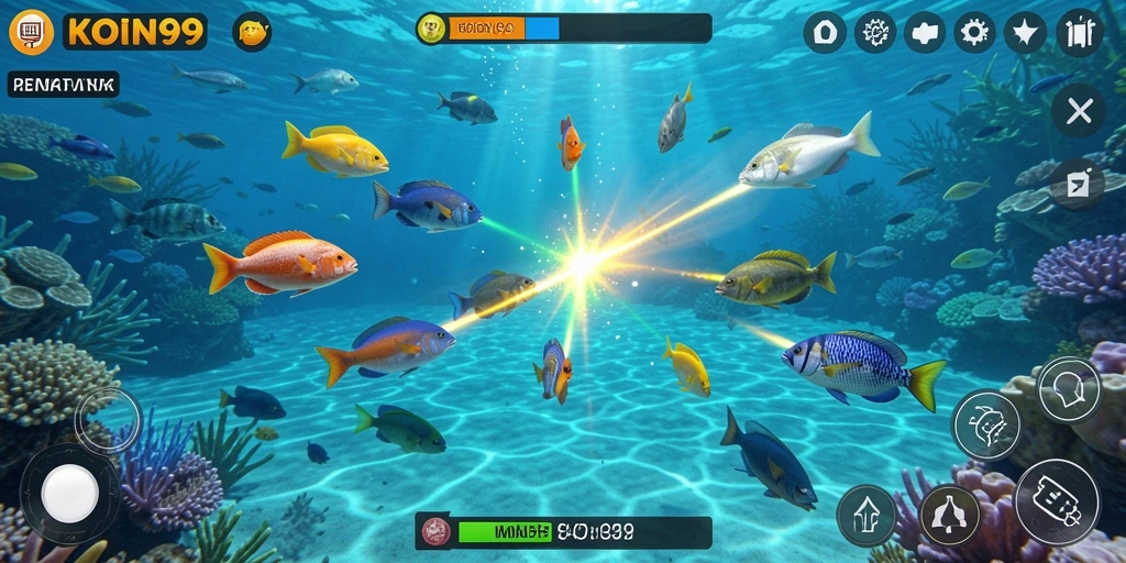 Screenshot gameplay KOIN99 dengan aksi menembak ikan yang seru.