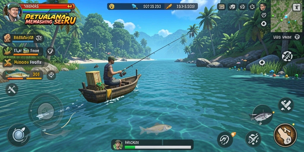 Tampilan gameplay V21 yang menarik saat menangkap ikan.